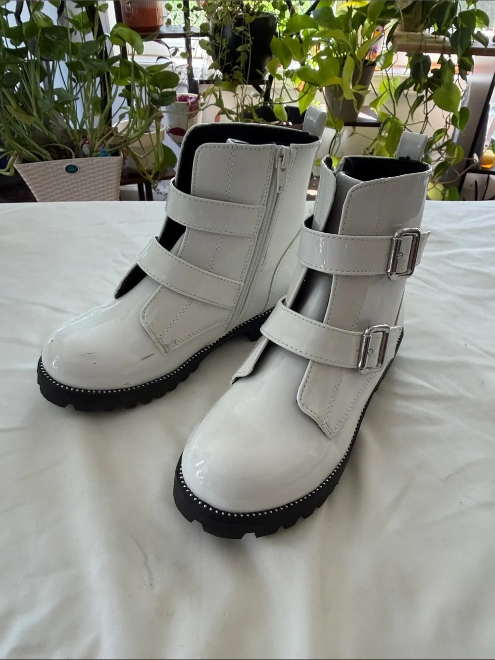 Sonoma White Patent Double-Buckle Kids Combat Boots